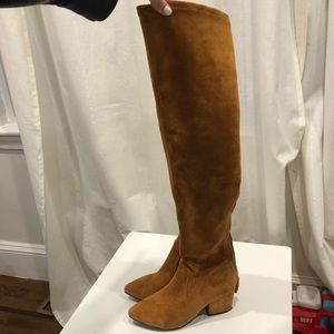 Goodnight Macaroon “Marlo” Tan over the knee suede leather boots
